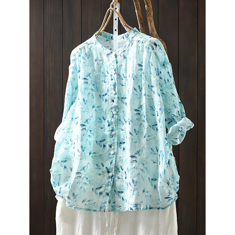 Collar Shirt 100%Ramie Women Stand Summer Flower Artsy