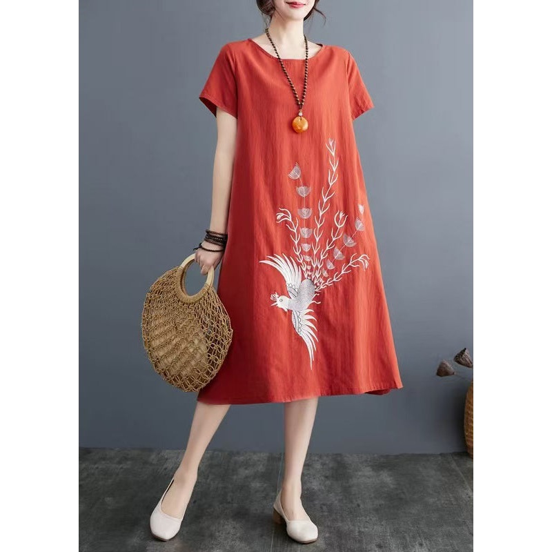 Day Embroidered Brick Dress Linen Red Summer
