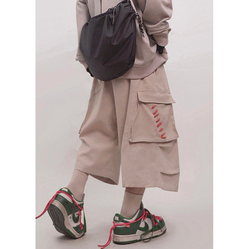 Elastic Size Plus Pants Pockets Cotton Crop Waist Men Khaki