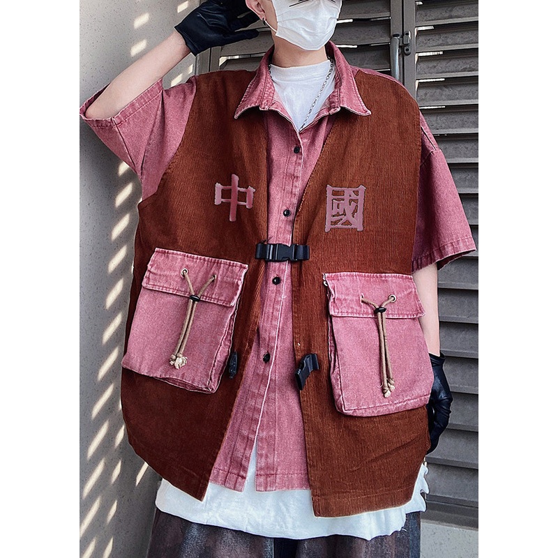 False Oversized Half Pieces Pink Vintage Men Shirts Patchwork Two