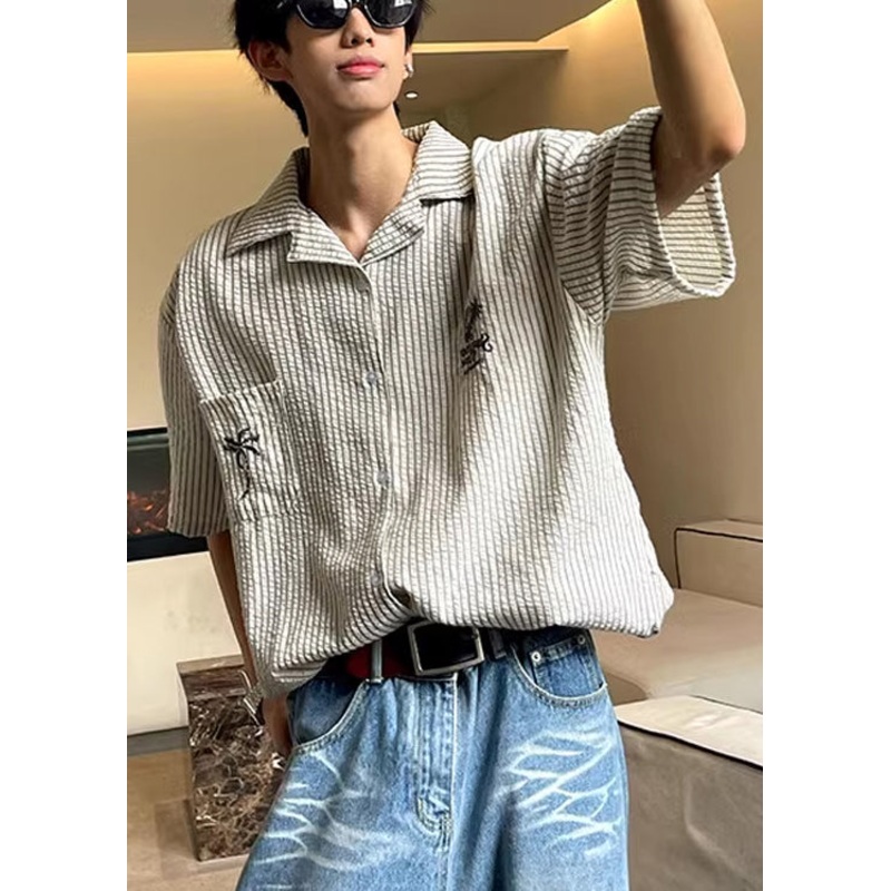 Striped Peter Summer Loose Shirts Pan Cotton Collar Mens Pockets