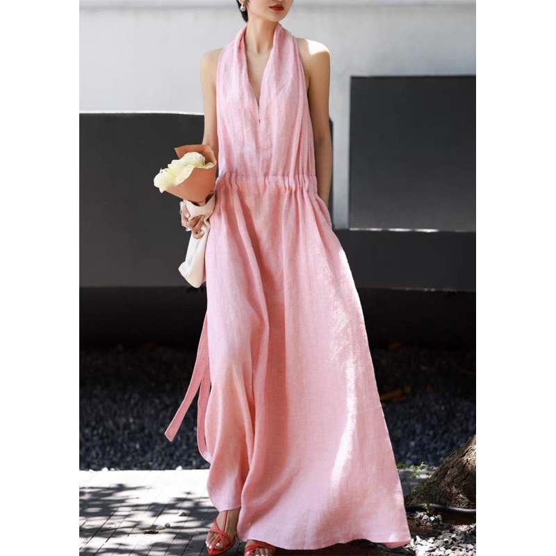 Tie Pockets Long Pink Waist Simple Linen Dresses Sleeveless