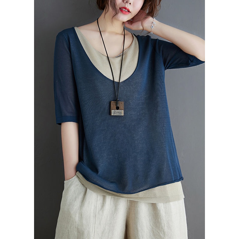 Two Fake Summer Stylish Tops Navy Knit Patchwork Piece