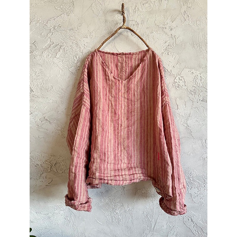 V-Neck Summer Retro Stripe Women Linen Shirt