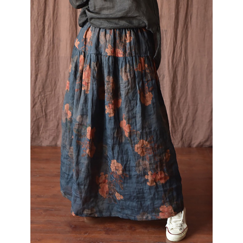 Vintage Summer Loose Skirt Women Ramie Flower