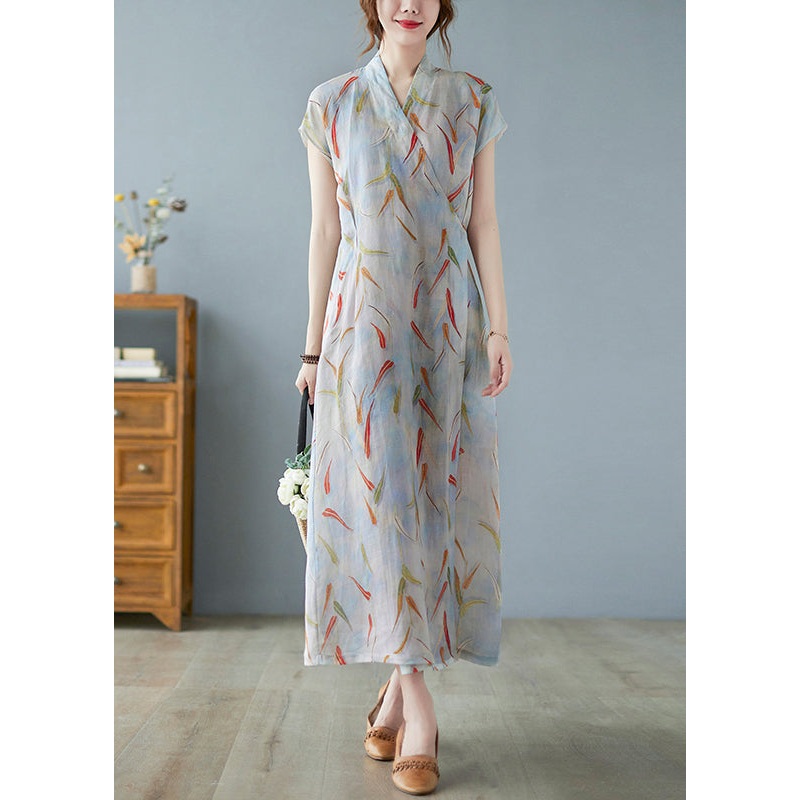 Vintage Tie Long Dress Summer Linen Waist Print