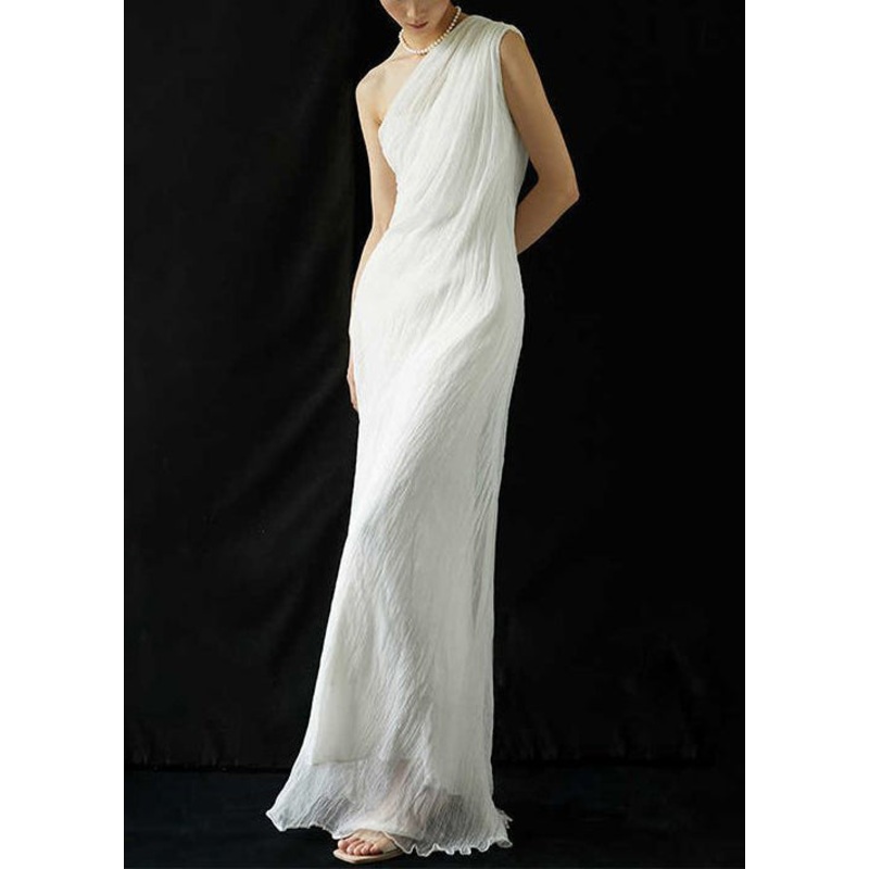 White Silk Maxi Wrinkled Shoulder Art Dress Summer Cold Solid