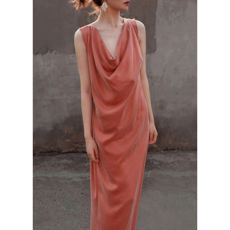 Women Long Orange Up Silk Lace Dresses Sleeveless Solid