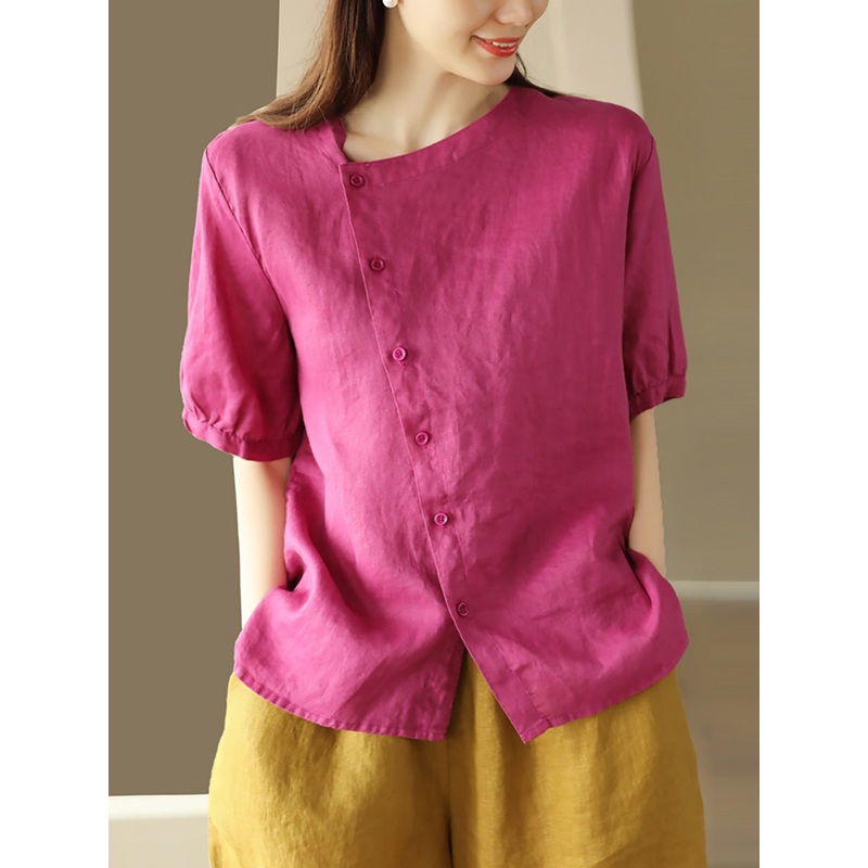 Women O-Neck Color Thin Summer Pure Casual Shirt