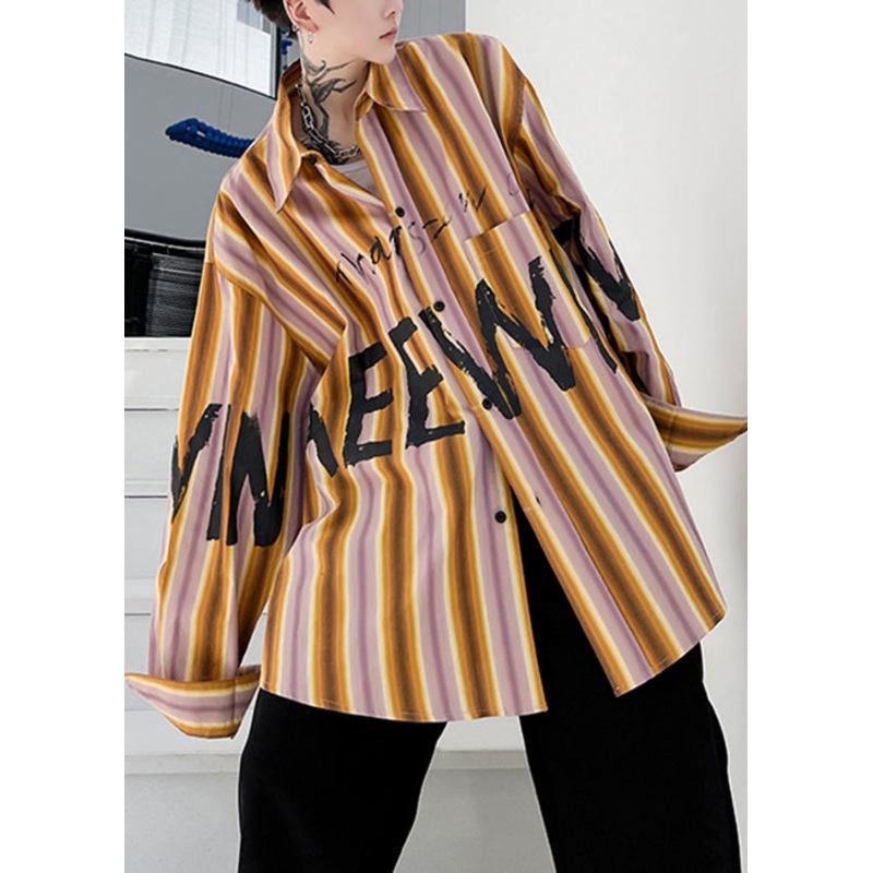 Yellow Cotton High Size Design Striped Letter Plus Men Low Shirt