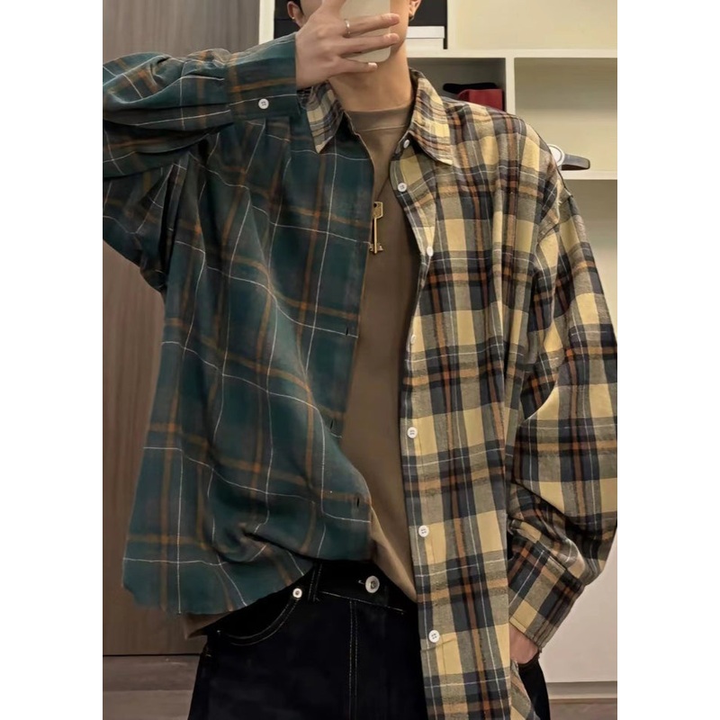 Asymmetrical Plaid Loose Spring Button Cotton Shirts Mens