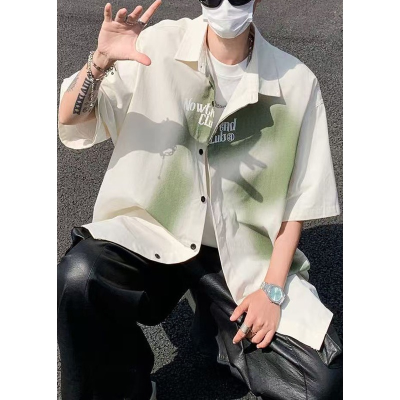 Beige Men Shirts Color Cotton Letter Gradient Loose Spring