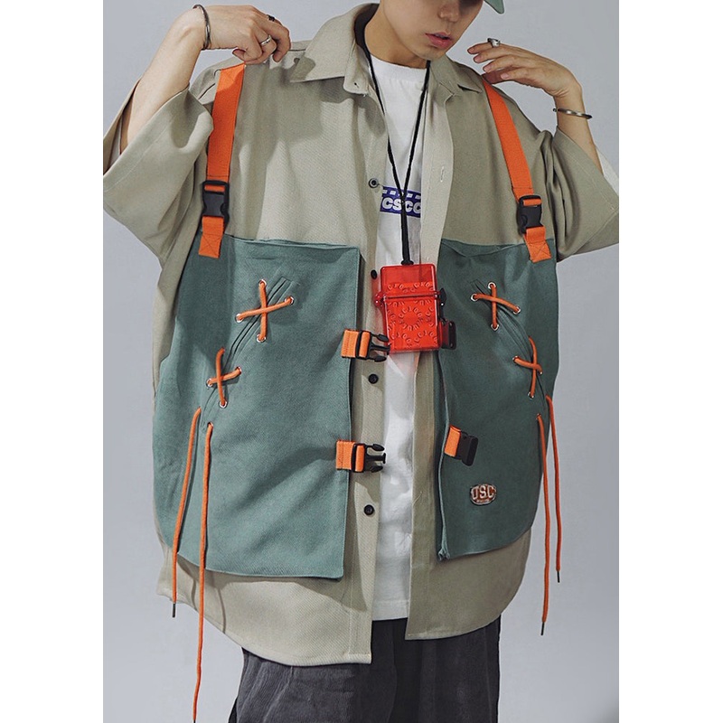 Chic Shirts Sleeve Half Men Lace Up Cotton T Khaki Patchwork