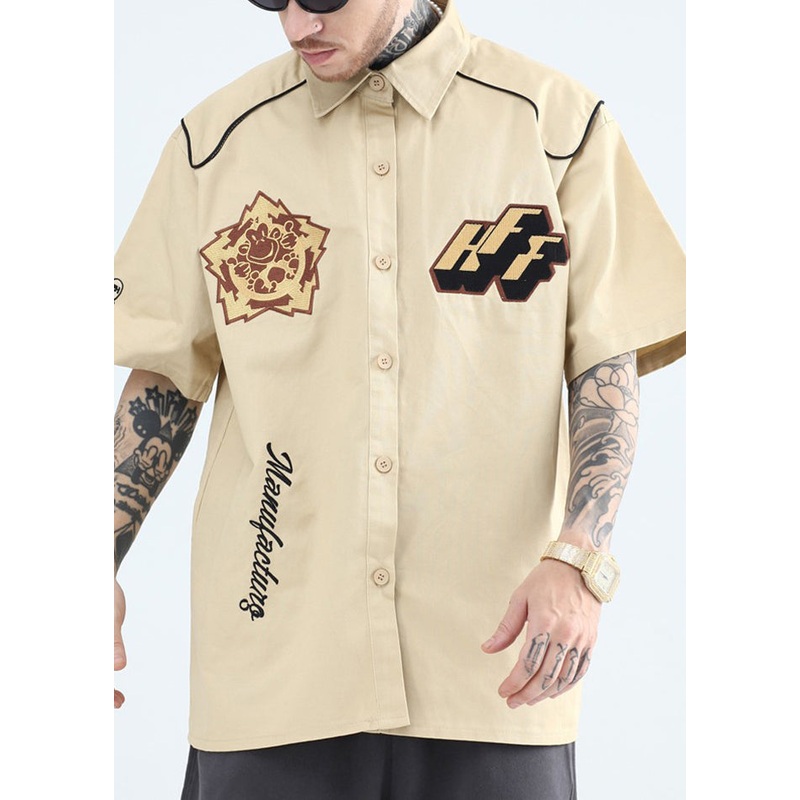 Collar Pan Print Yellow Summer Mens French Peter Cotton Shirts