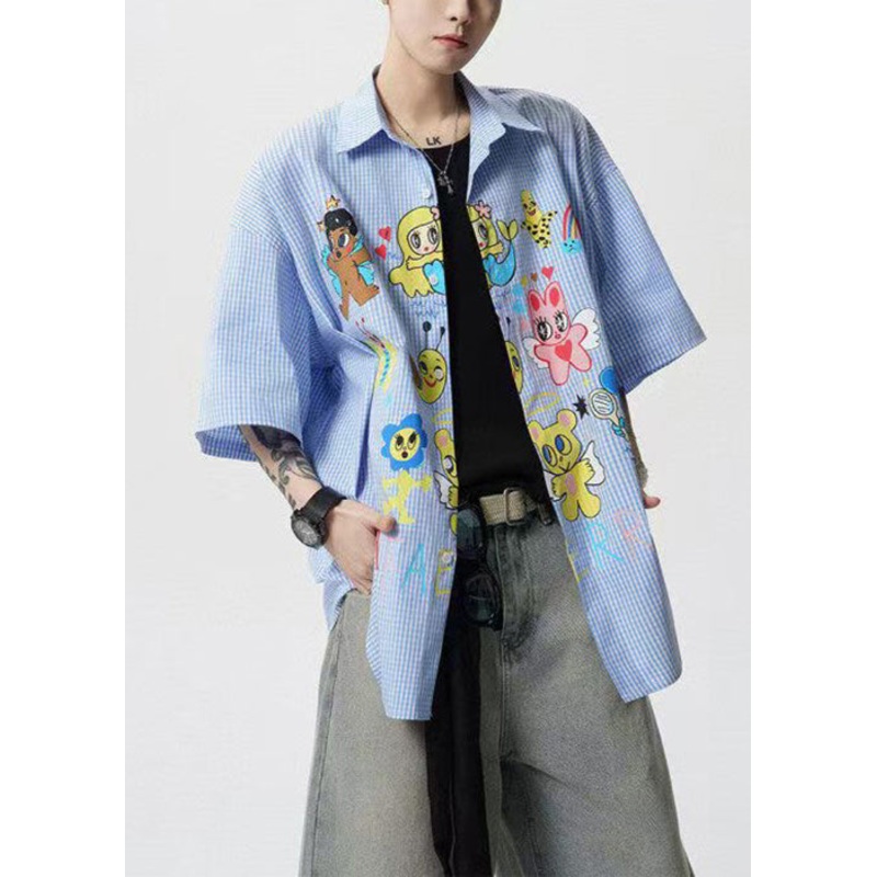 Collar Shirts Print Pan Blue Cotton Summer Mens Peter Stylish