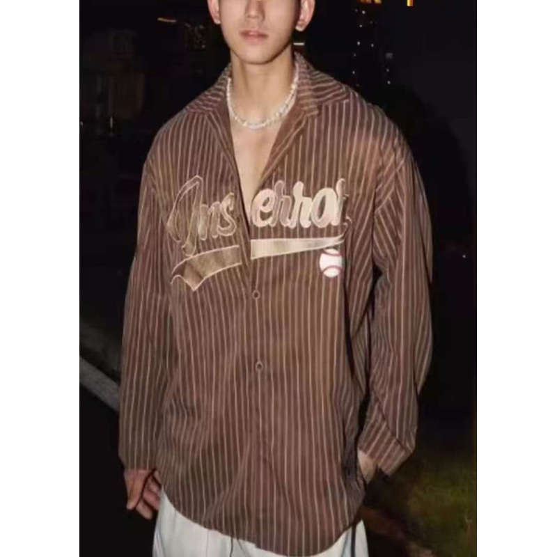 Cotton Men Coffee Letter Loose Spring Shirts Striped