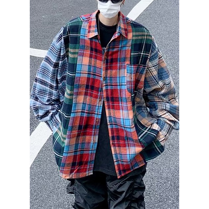 Cotton Pan Spring Collar Men Patchwork Plaid Unique Shirts Peter