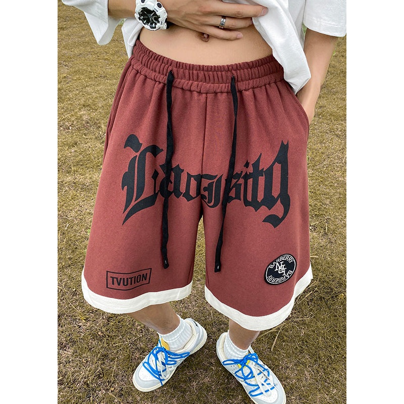 Cotton Summer Orange Shorts Letter Elastic Cozy Waist Mens