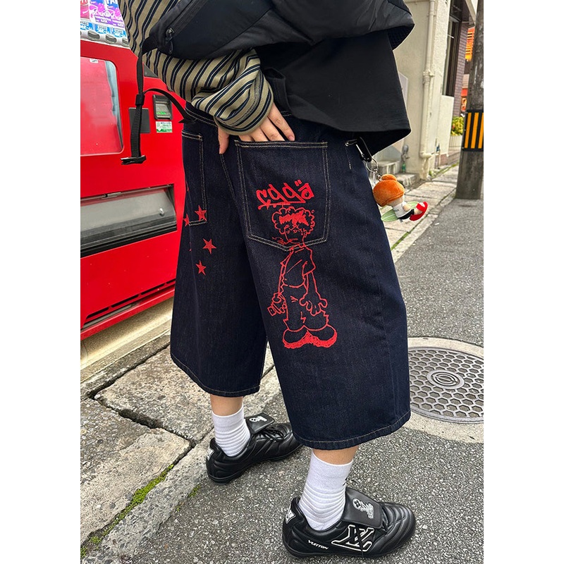 Crop Pockets Men Print Pants Navy New Denim Summer