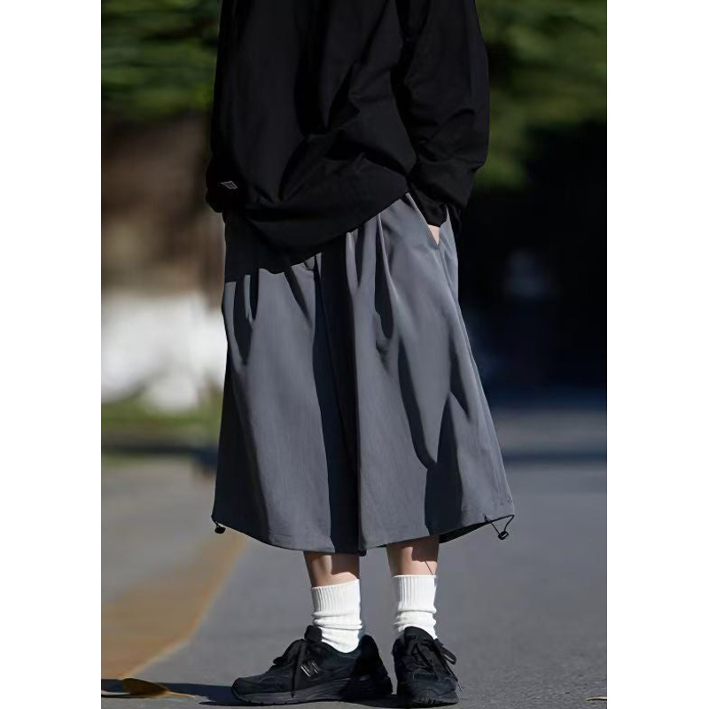 Crop Summer Drawstring Ice Silk Pockets Men Pants Simple Grey