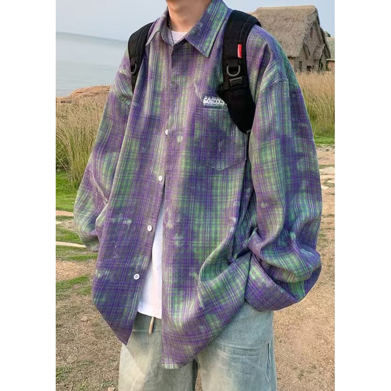 Dye Oversized Plaid Green Shirts Chic Cotton Men’s Spring Tie