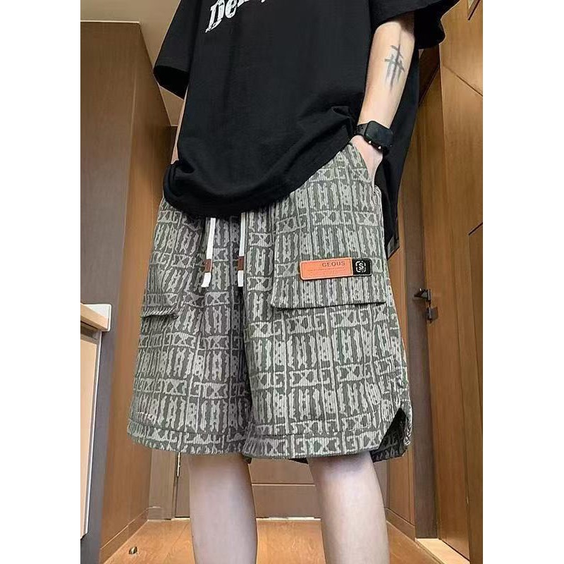 Elastic Shorts Stylish Waist Pockets Men Print Summer Green Cotton