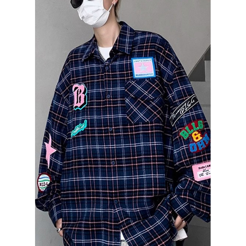 French Spring Navy Pockets Cotton Shirt Plaid Men