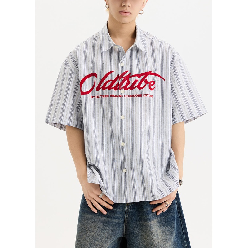 Half White Shirts Cotton Oversized Sleeve Button Print New Men