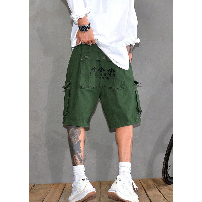 High Summer Men Waist Pockets Green Print Army Shorts Cotton New