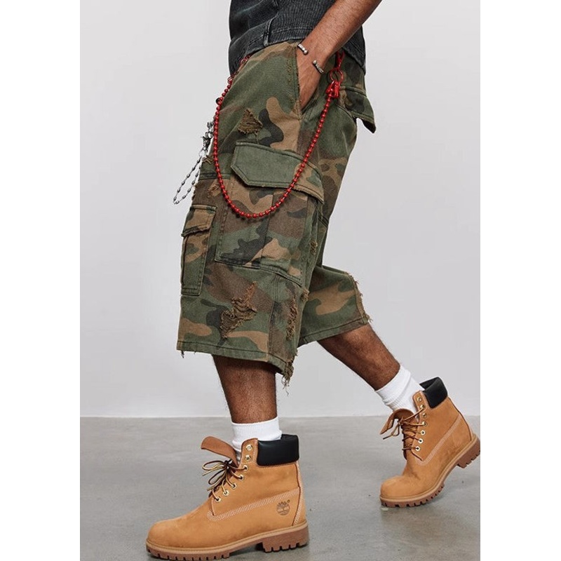 Hole Mens Pants Camouflage Cool Pockets Waist High Summer Cotton Crop