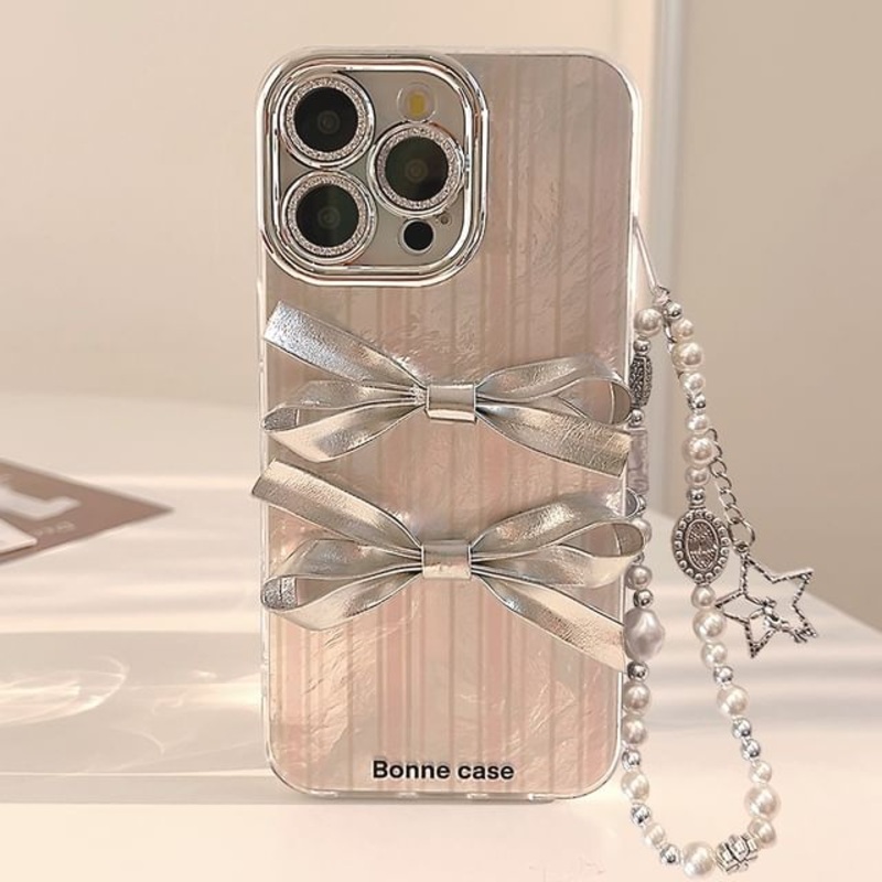Ribbon Faux / Case Phone Strap Set Pearl