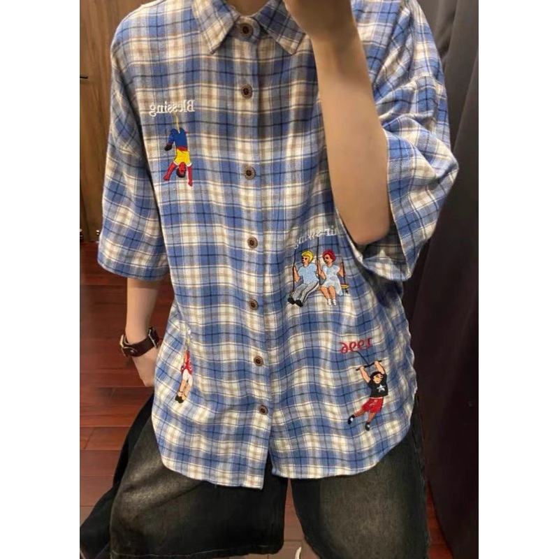 Shirts Print Cotton Blue Sleeve Plaid Classy Half Button Men’s
