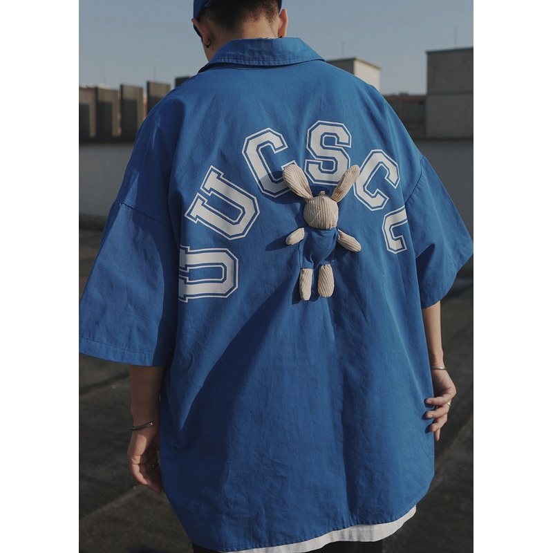 Sleeve Cotton Men Blue Shirts Casual Letter Half T Oversized Patchwork