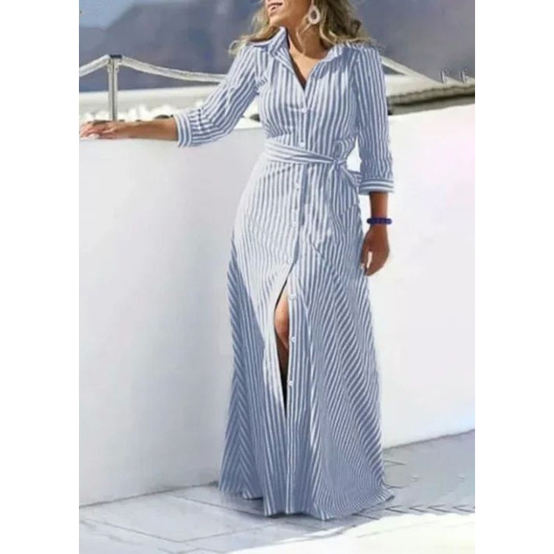 Striped Cotton Summer Women Tie Dress Blue Waist Shirt