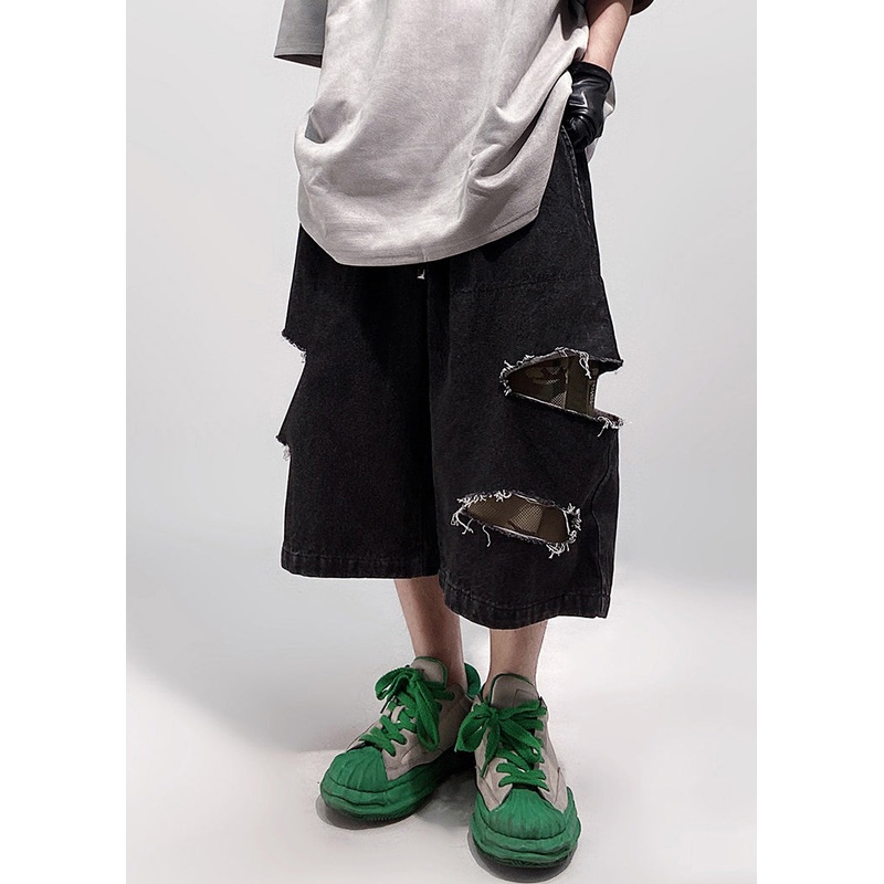 Summer Black Men Elastic Pockets Oversized Shorts Waist Denim