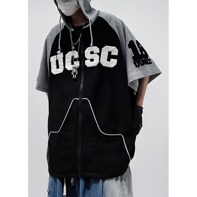 T Plus Size Sleeve Men Shirts Cotton Hooded Black Patchwork Zippered Half