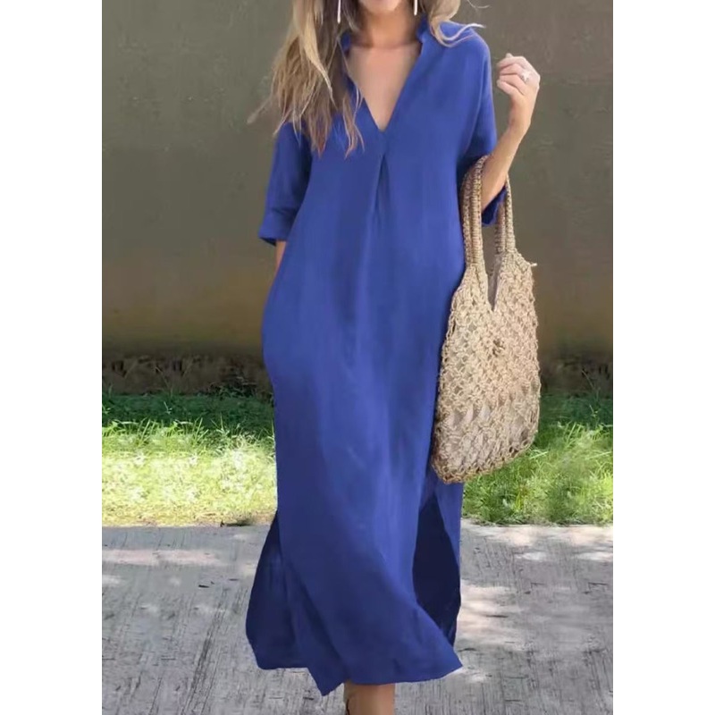 V Blue Linen Simple Neck Summer Dress Long Open Side