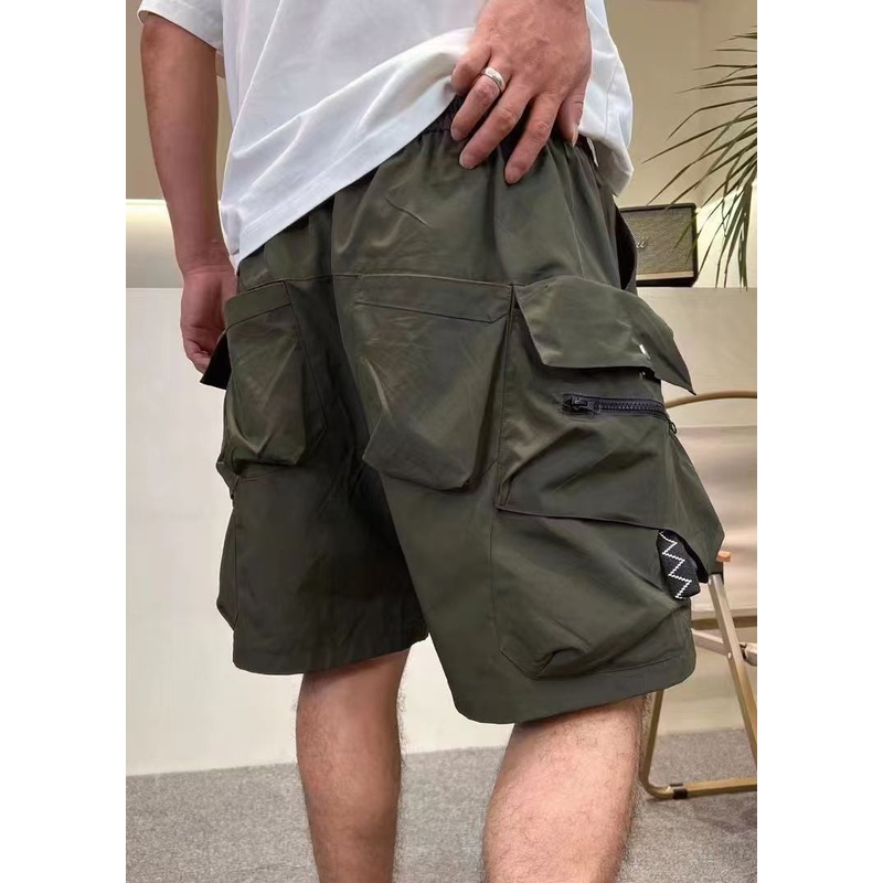 Waist Army Cotton Green Pockets Mens Up Shorts Elastic Loose Zip Summer