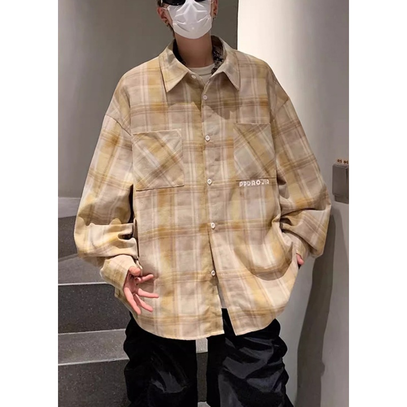 Yellow Pockets Plaid Peter Pan Spring Men Cotton Collar Shirt Loose