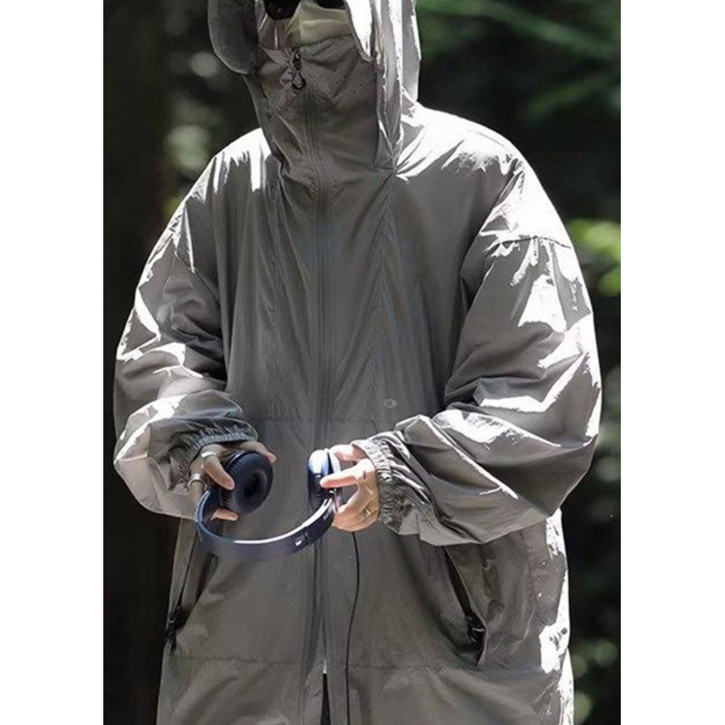 50+ Mens Grey Drawstring Simple Summer Coat Pockets UPF Hooded