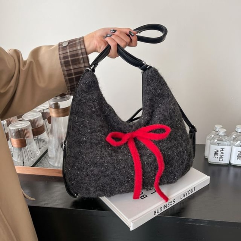 Accent Ribbon Bag Shoulder|Beige|Black|Red|One Size