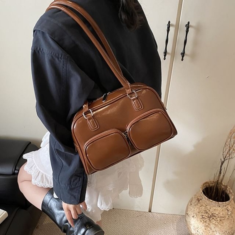 Bag Bowler Faux Leather Plain|Black|Brown|Coffee|Red|One Size
