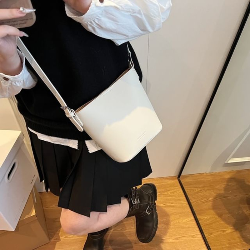 Bag Bucket Plain Leather Faux|Beige|Black|Khaki|Pink|White|One Size