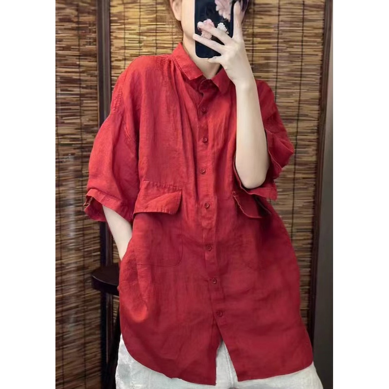 Beautiful Pockets Linen Summer Oversized Red Blouses
