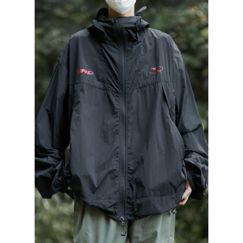 Black Zippered Men UPF Coat 50+ Print Casual Summer Hooded