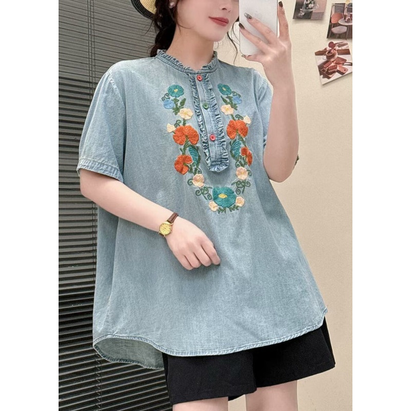 Blouses Summer Blue Ruffled Light Denim Embroidered