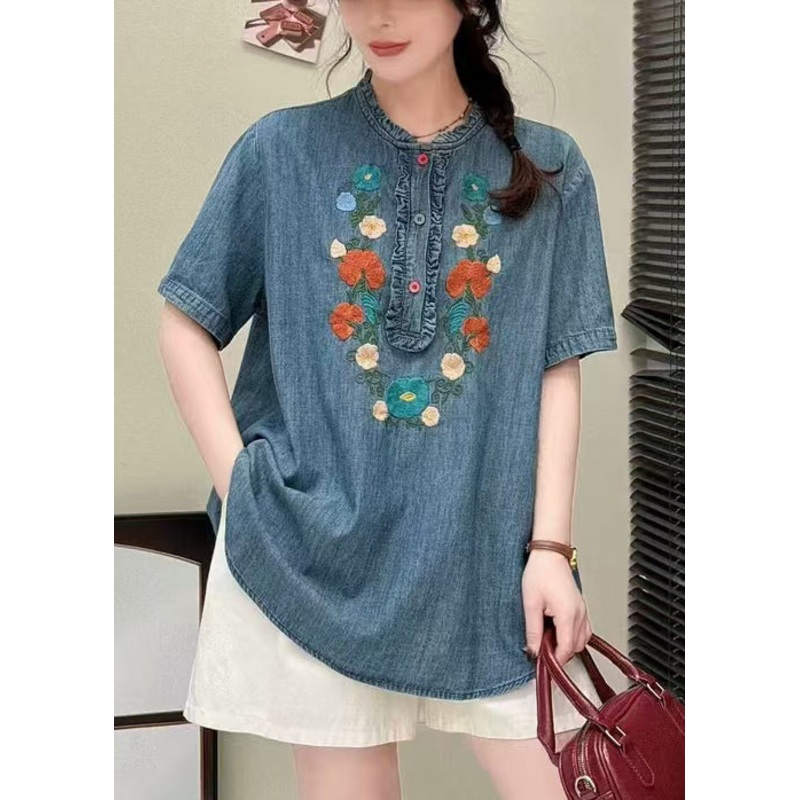 Blue Denim Ruffled Summer Shirt Embroidered Unique