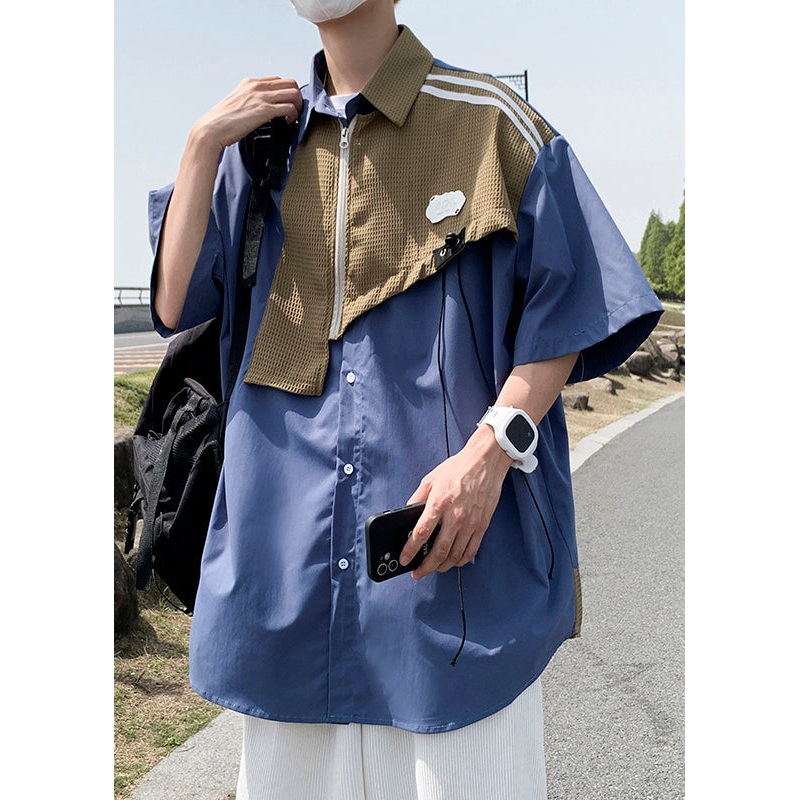 Blue Mens Patchwork Modern Cotton Half Shirts Zippered Sleeve