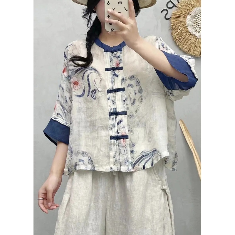 Blue Style Chinese Print Patchwork Summer Linen Shirts