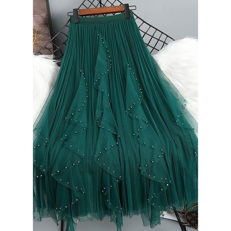 Bohemian Maxi Nail Bead Waist Tulle Patchwork Elastic Skirt Green